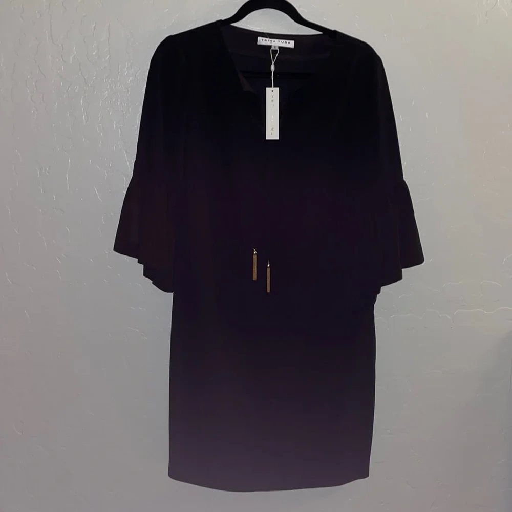 🎉HP🎉New! Trina Turk Scoop Neck Bell Sleeve Baroque Dress Black Size S✨ - Picture 7 of 14